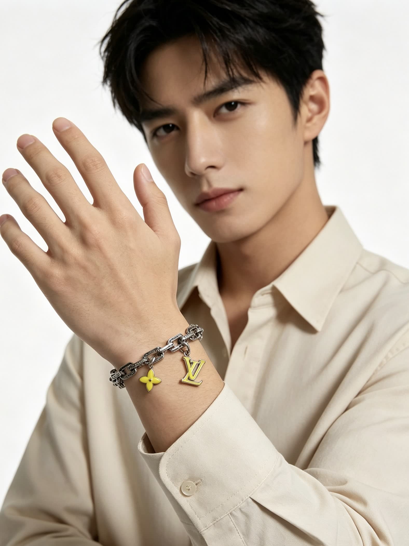 Louis Vuitton Silver Bracelet with LV Logo and Flower Charm